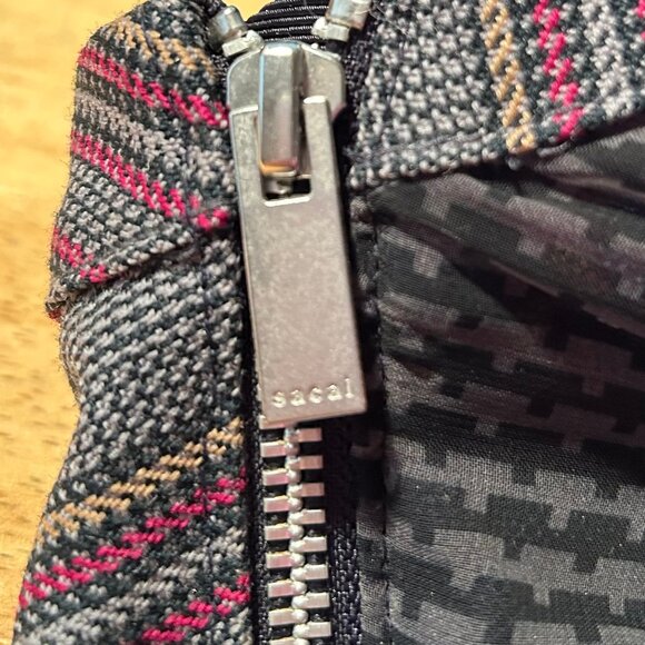 Women Sacai Black Gray Burgundy Plaid Short Sleeve Pleated Top Blouse M - Picture 13 of 14